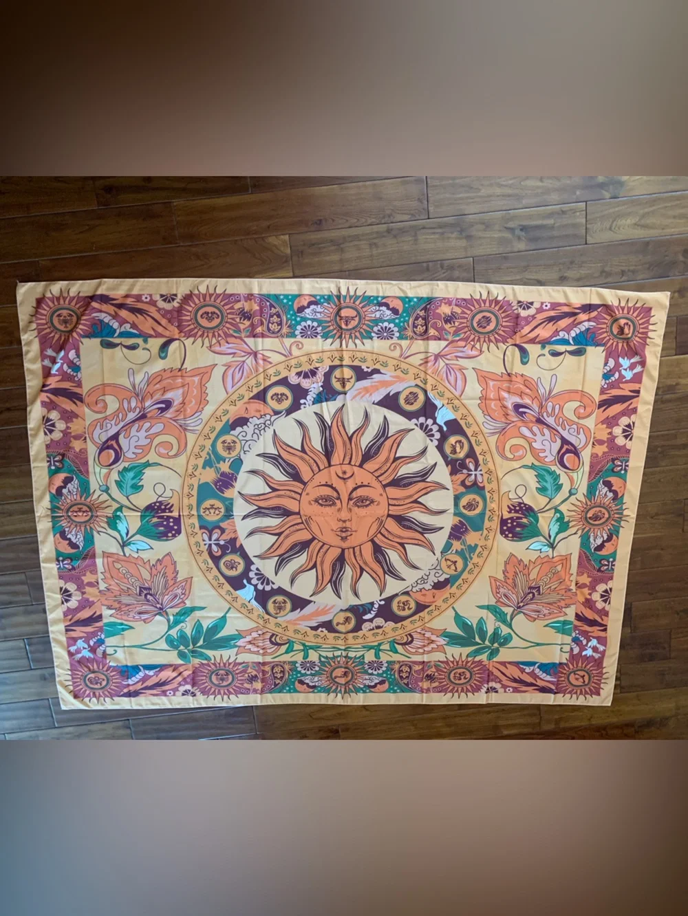 Burning Sun Tapestry Flower Vines 59x82 Zodiac Floral Mystic Hippie Wall Hanging